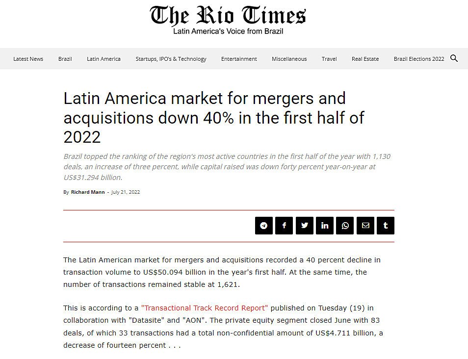 Latin America market for mergers and acquisitions down 40% in the first half of 2022